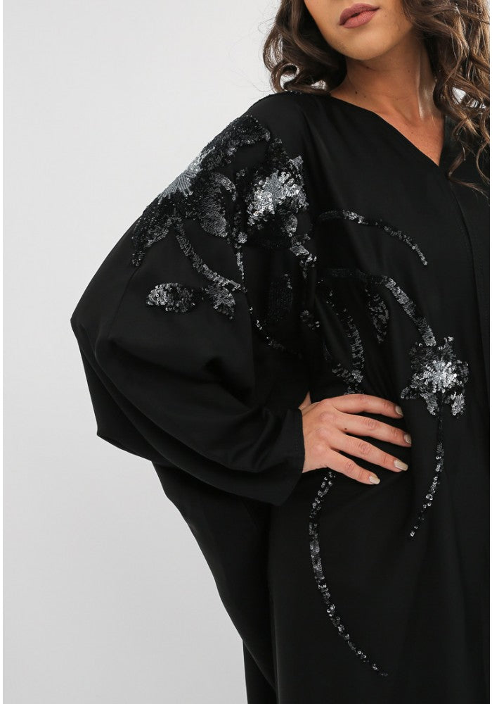 Bsi1061- Bahraini Style Front Open Beads Embellished Abaya