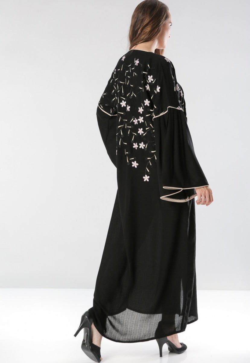 black front open embroidered abaya