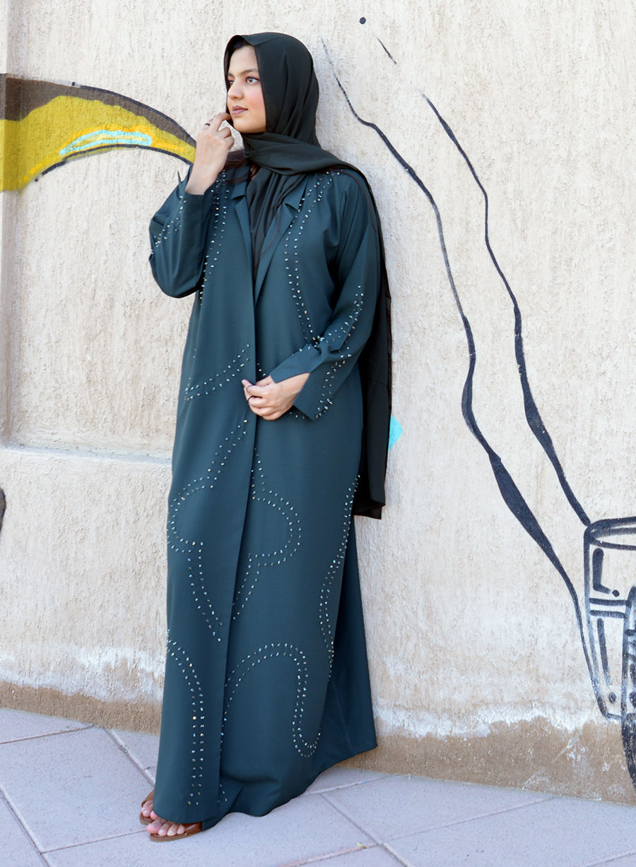 Buy Beads Embellished Bisht Abaya Online Green Color Bousni.ae