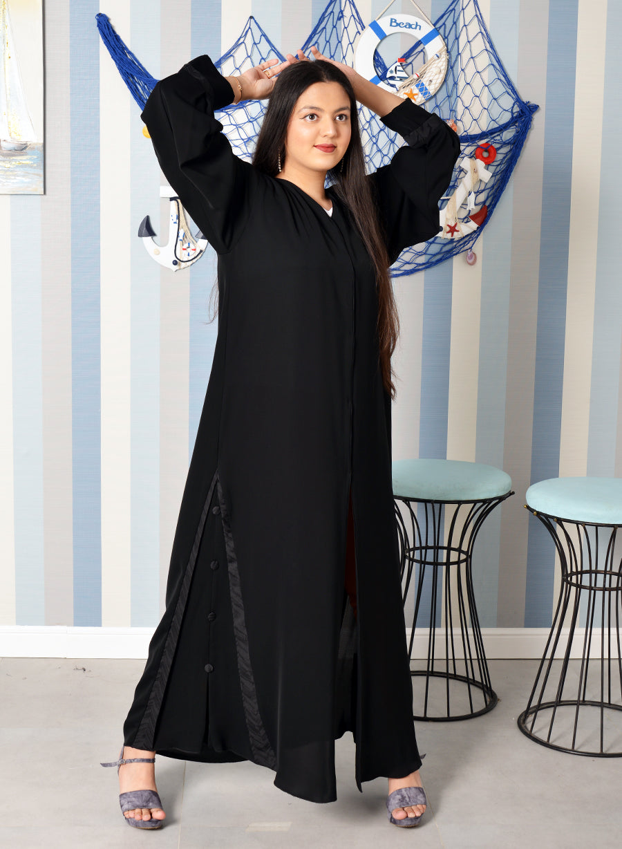 Bsi3869- Button embellished front open black abaya