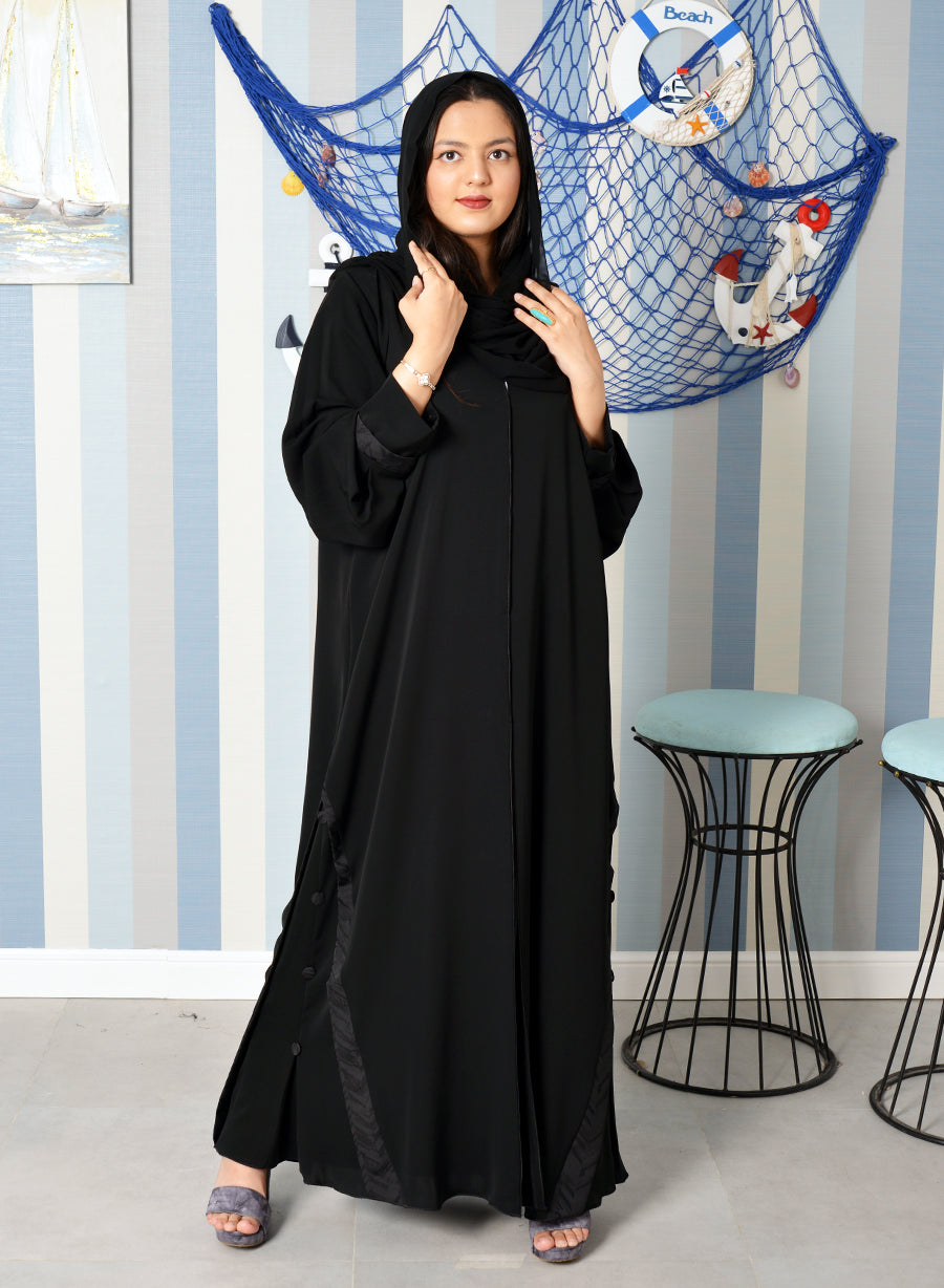 Bsi3869- Button embellished front open black abaya