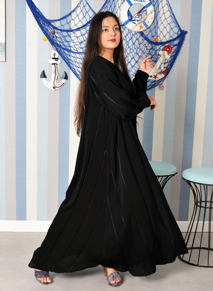 Bsi3877- Umbrella style piping embellished abaya and cuff with elastic