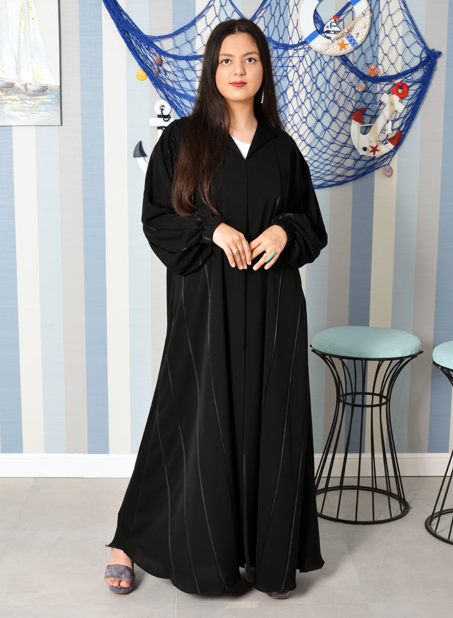 Bsi3877- Umbrella style piping embellished abaya and cuff with elastic