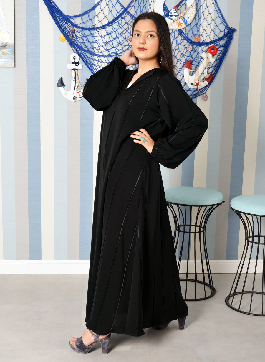 Bsi3877- Umbrella style piping embellished abaya and cuff with elastic