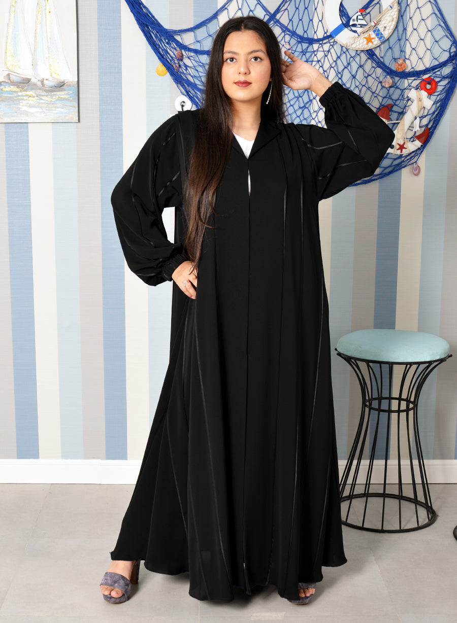 Bsi3877- Umbrella style piping embellished abaya and cuff with elastic