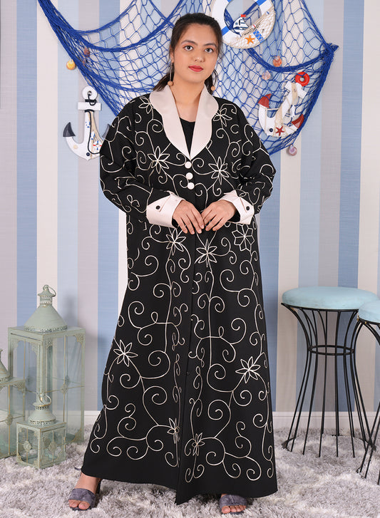 Collar style button embellished embroidered abaya | Bsi3878