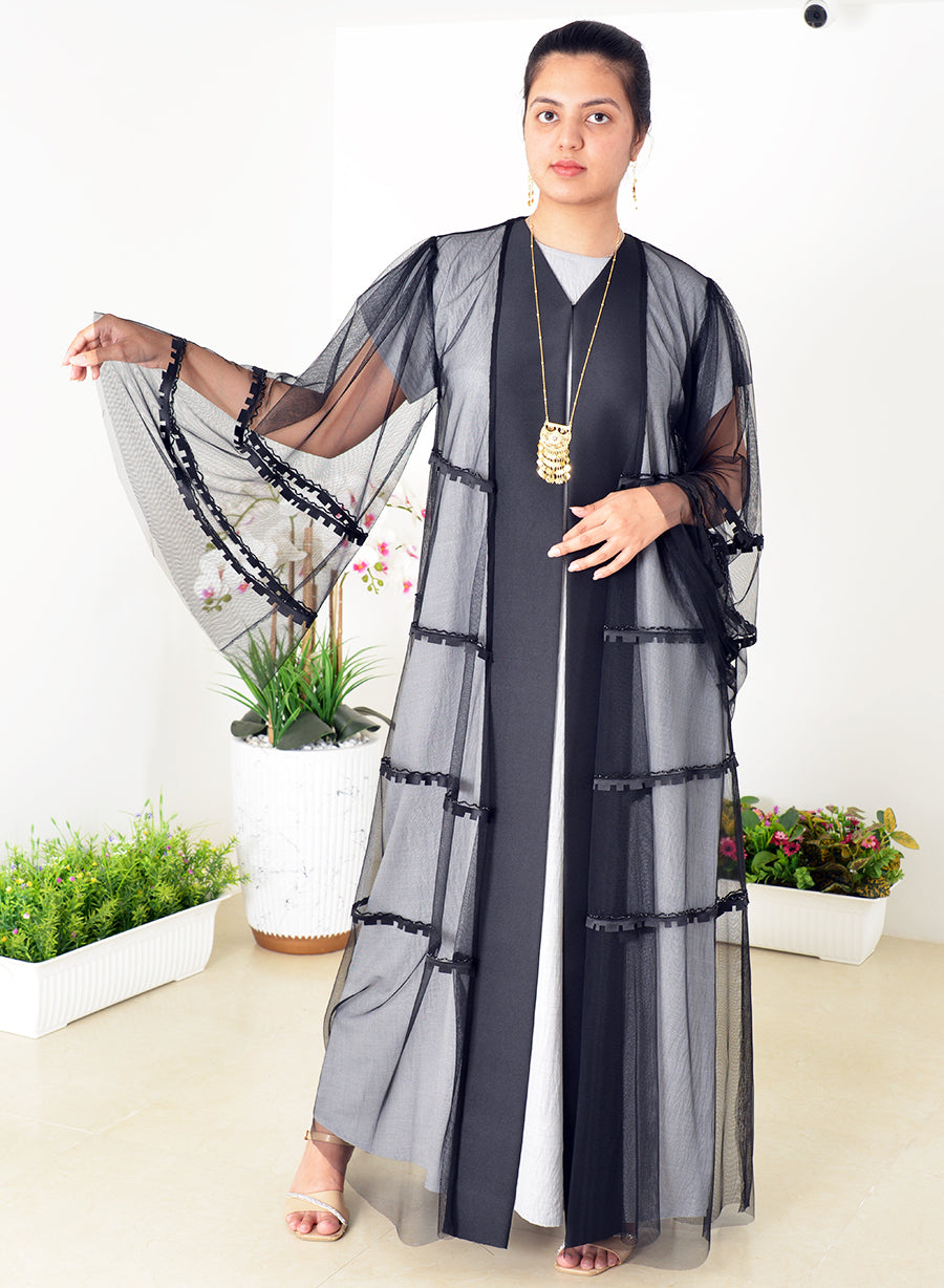 Stunning Laser-Cut Net Abaya Adorned with Bead Embellishments | Bsi3983