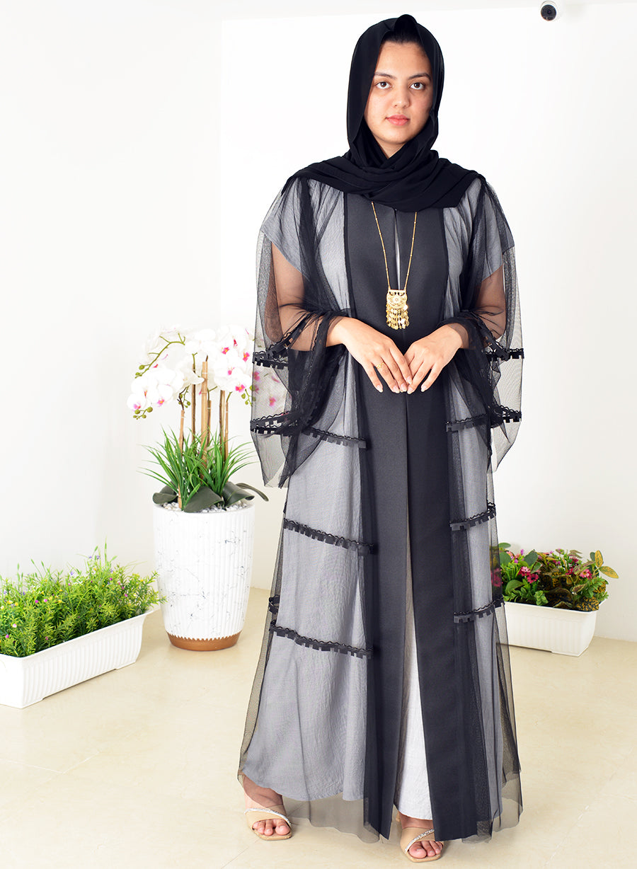 Stunning Laser-Cut Net Abaya Adorned with Bead Embellishments | Bsi3983