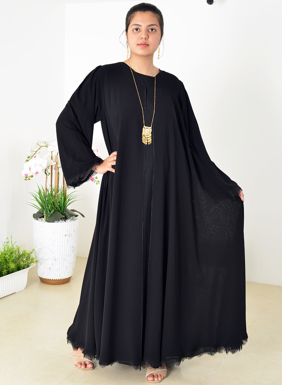Stunning Chiffon Abaya with Umbrella Style and Delicate Lace Embellishments | Bsi3985