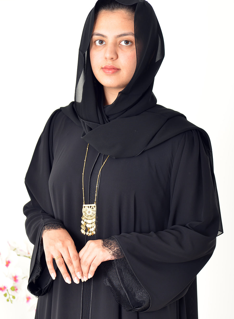 Stunning Chiffon Abaya with Umbrella Style and Delicate Lace Embellishments | Bsi3985
