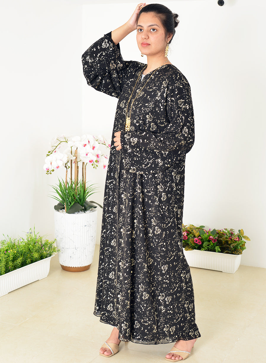 Elegant A-Line Chiffon Abaya with Subtle Golden Self-Foil Detailing | Bsi3987