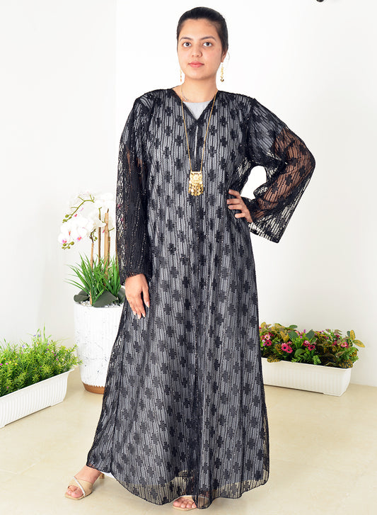 Self-Embossed Mesh Abaya, Enhanced with Delicate Silver Touches | Bsi3989