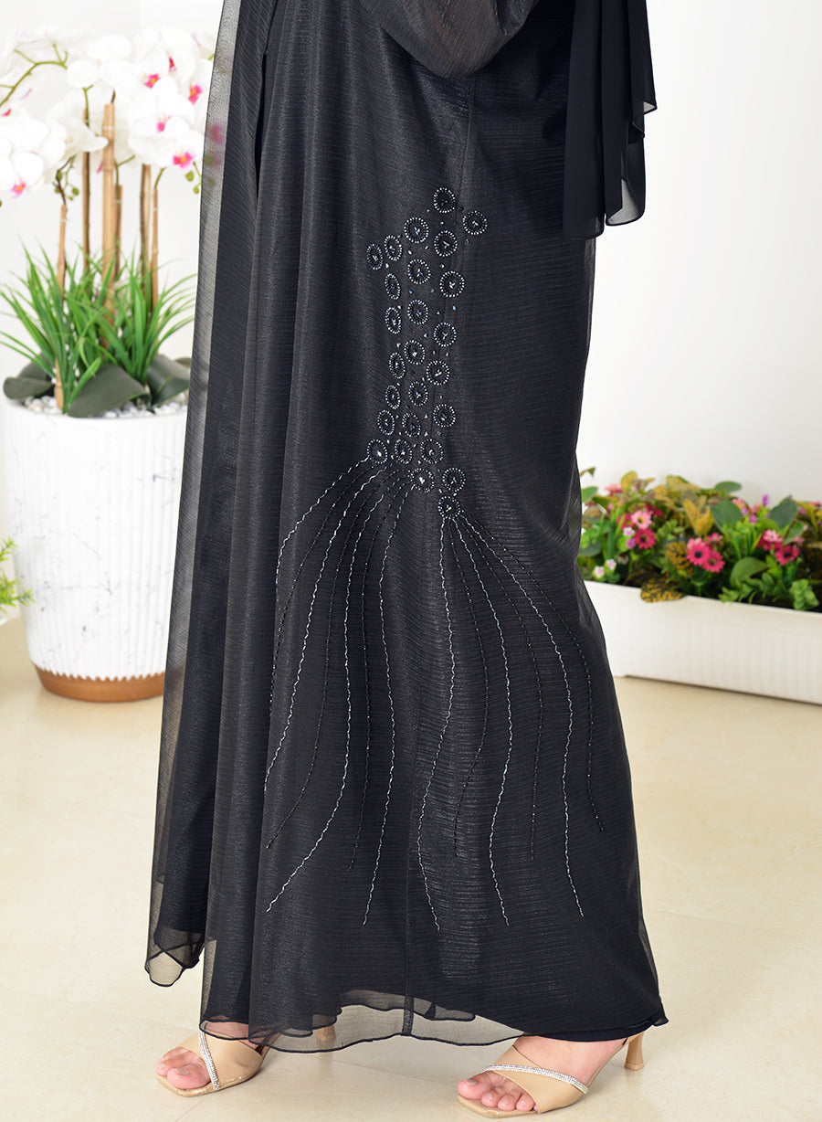 Organza Abaya Adorned with Beads, Stones, and Lining for a Luxurious Touch | Bsi3991