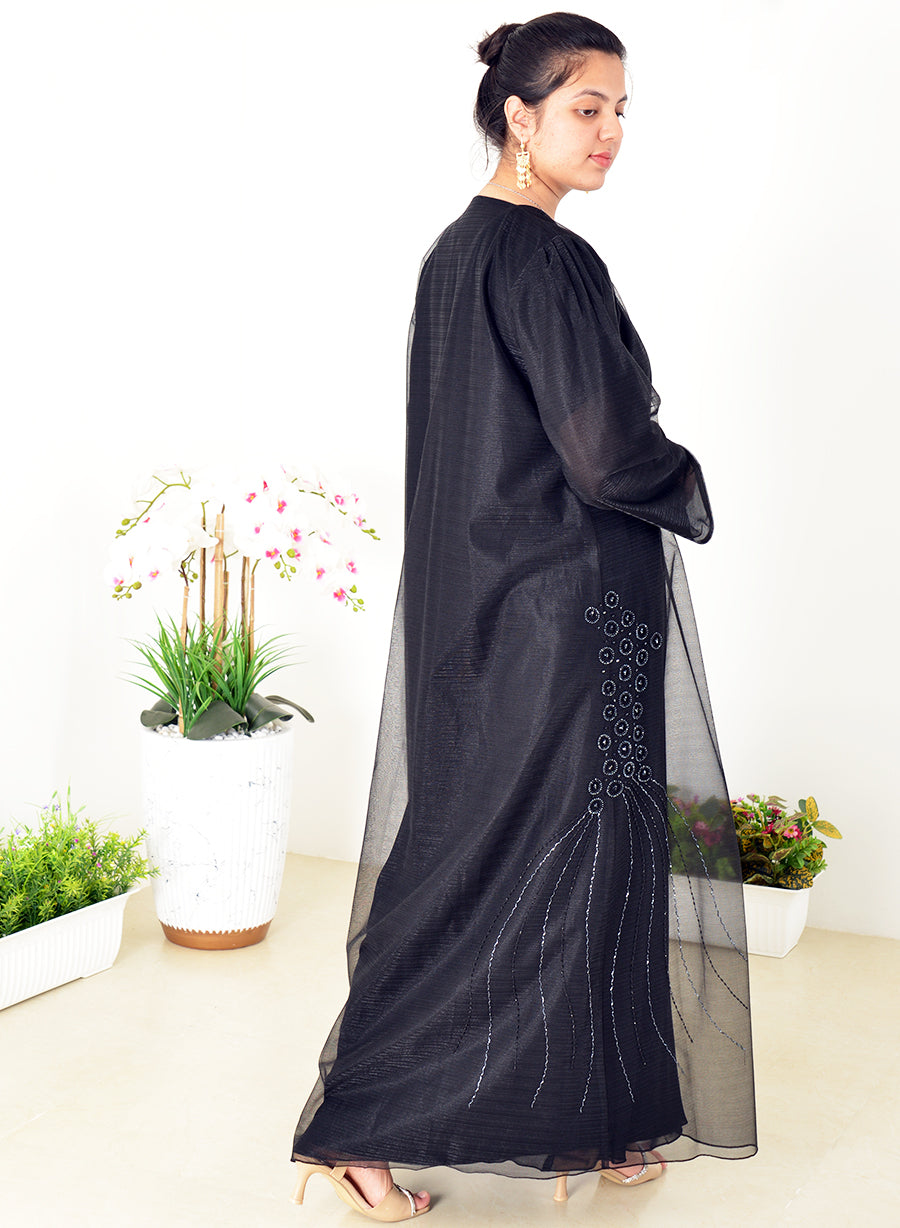 Organza Abaya Adorned with Beads, Stones, and Lining for a Luxurious Touch | Bsi3991
