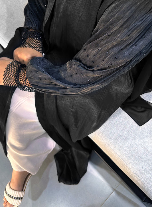 Bishop Sleeves Abaya With Enhanced by Mesh and Stone Embellishments | Bsi3993