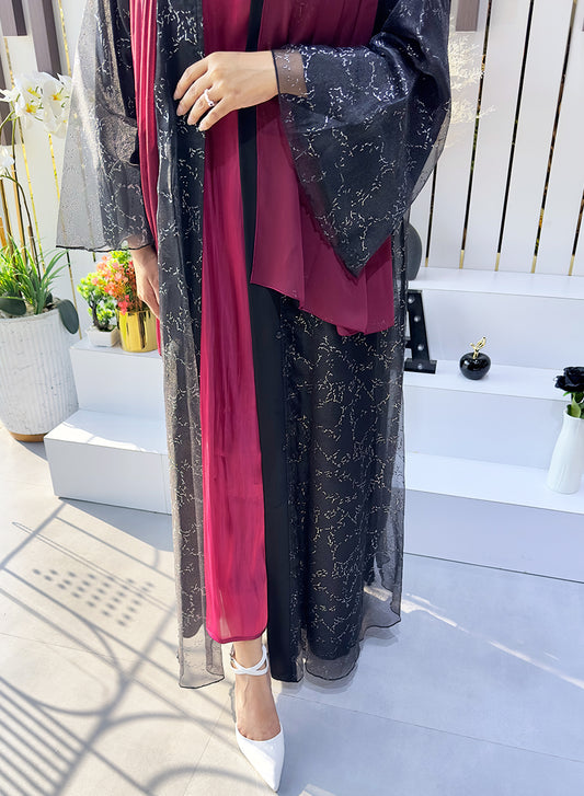 Silver Foiled Organza Abaya with Lining – Embrace Umbrella Style! | Bsi3995