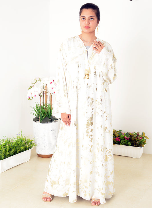 Elegant A-Line Chiffon Abaya with Subtle Golden Self-Foil Detailing | Bsi3998