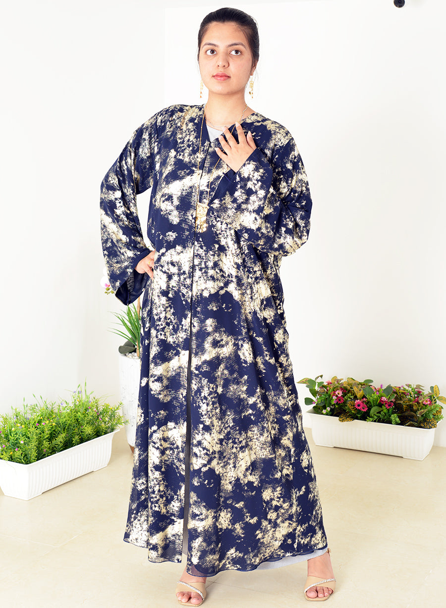 Elegant A-Line Chiffon Abaya with Subtle Golden Self-Foil Detailing | Bsi4000