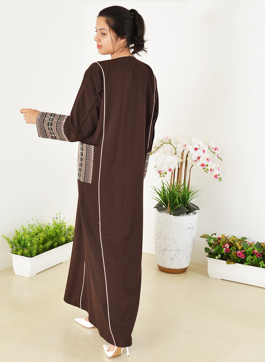 Embroidered cuff And Pocket Abaya, Accented With Stylish White Trimming | BSI4003