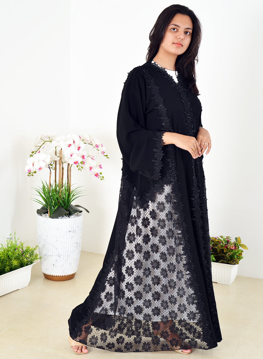 Stunning Abaya adorned with Lace, Mesh, and Intricate Stone Embellishments | Bsi4012