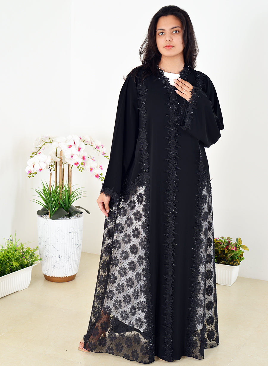 Stunning Abaya adorned with Lace, Mesh, and Intricate Stone Embellishments | Bsi4012