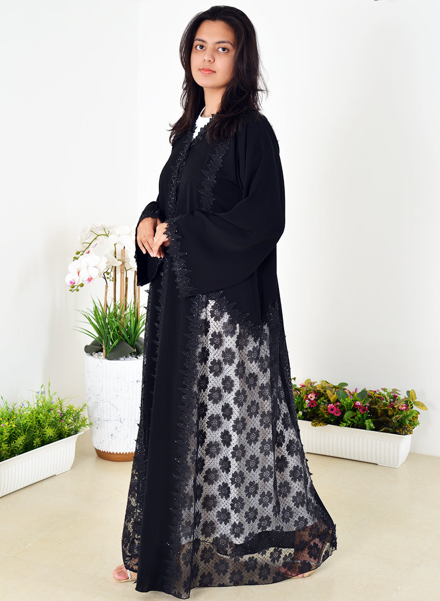 Stunning Abaya adorned with Lace, Mesh, and Intricate Stone Embellishments | Bsi4012