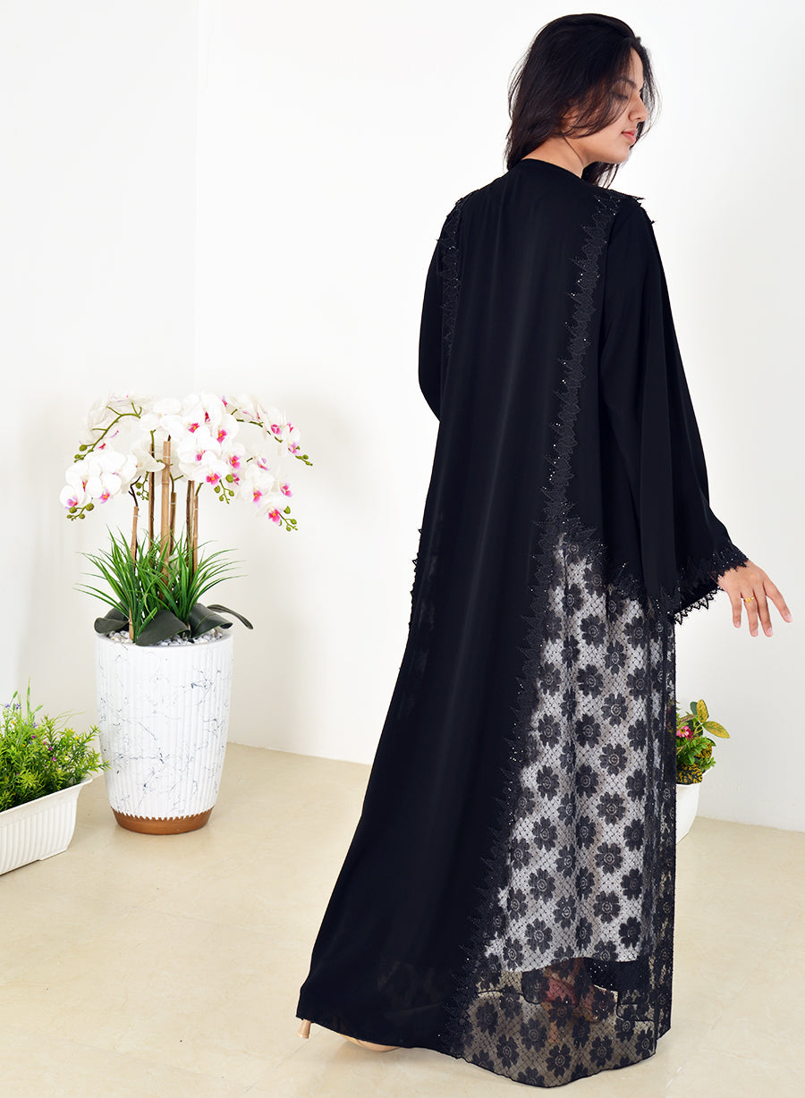 Stunning Abaya adorned with Lace, Mesh, and Intricate Stone Embellishments | Bsi4012