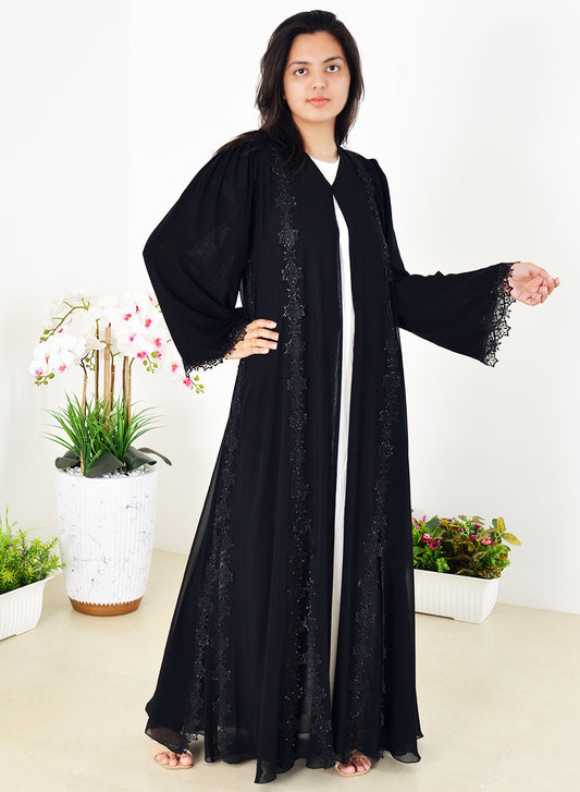 Double Chiffon Abaya with Lace and Stone Embellishments | Bsi4014