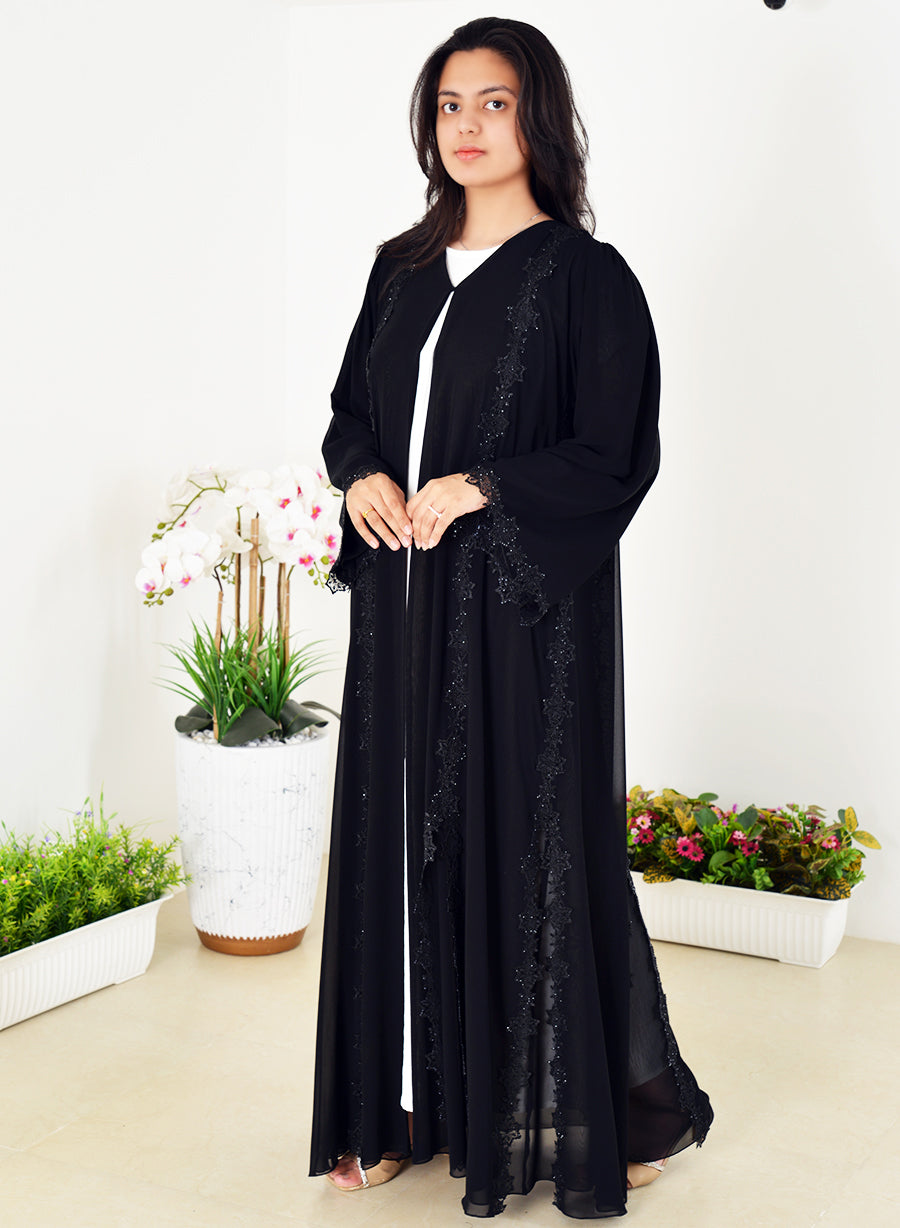 Double Chiffon Abaya with Lace and Stone Embellishments | Bsi4014