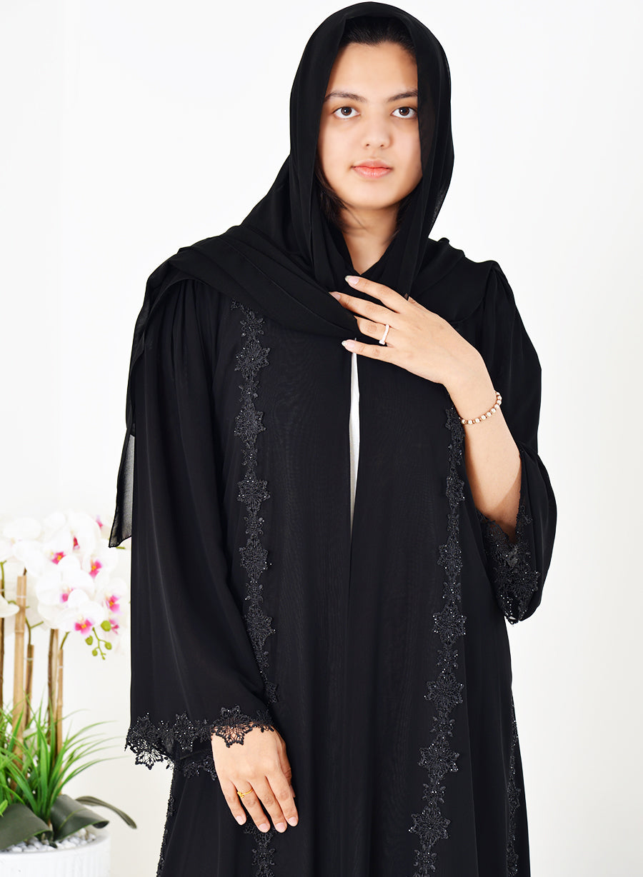 Double Chiffon Abaya with Lace and Stone Embellishments | Bsi4014