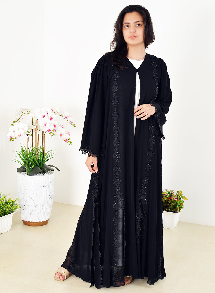 Double Chiffon Abaya with Lace and Stone Embellishments | Bsi4014