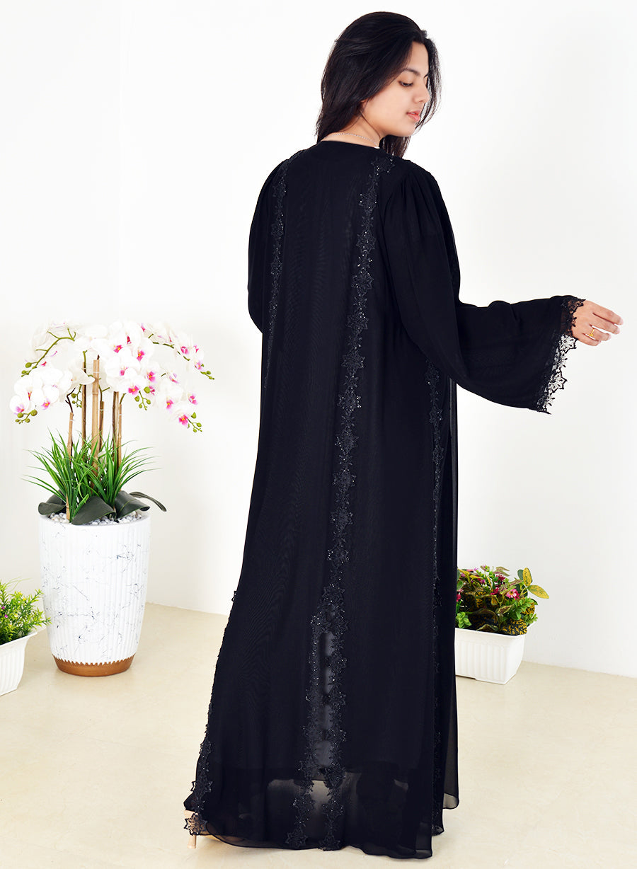 Double Chiffon Abaya with Lace and Stone Embellishments | Bsi4014