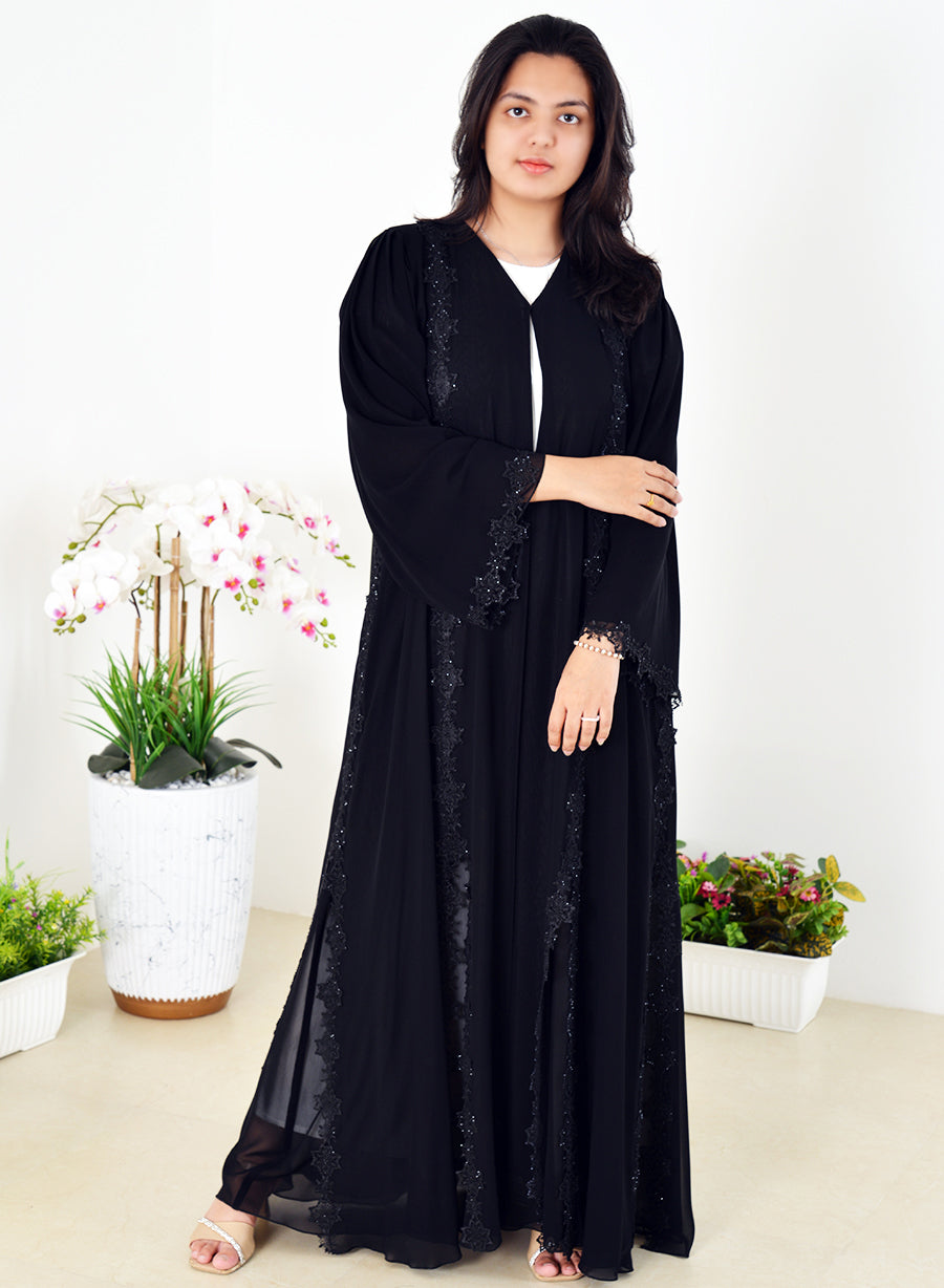 Double Chiffon Abaya with Lace and Stone Embellishments | Bsi4014