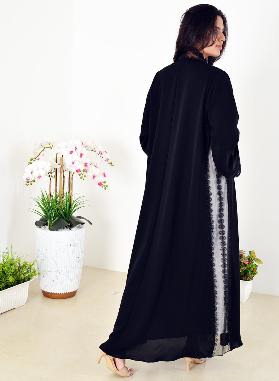 Stunning Abaya adorned with Lace, Mesh, and Intricate Stone Embellishments | Bsi4016