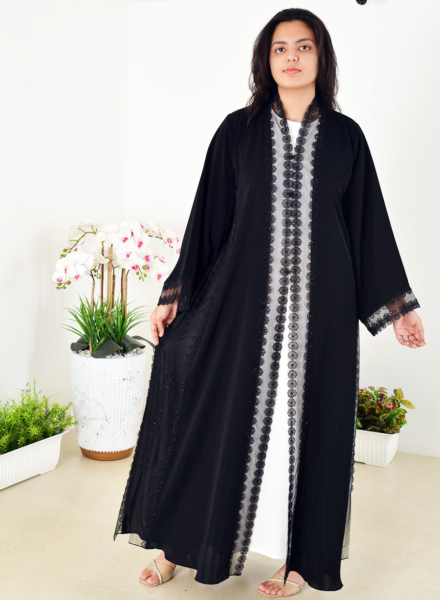 Stunning Abaya adorned with Lace, Mesh, and Intricate Stone Embellishments | Bsi4016