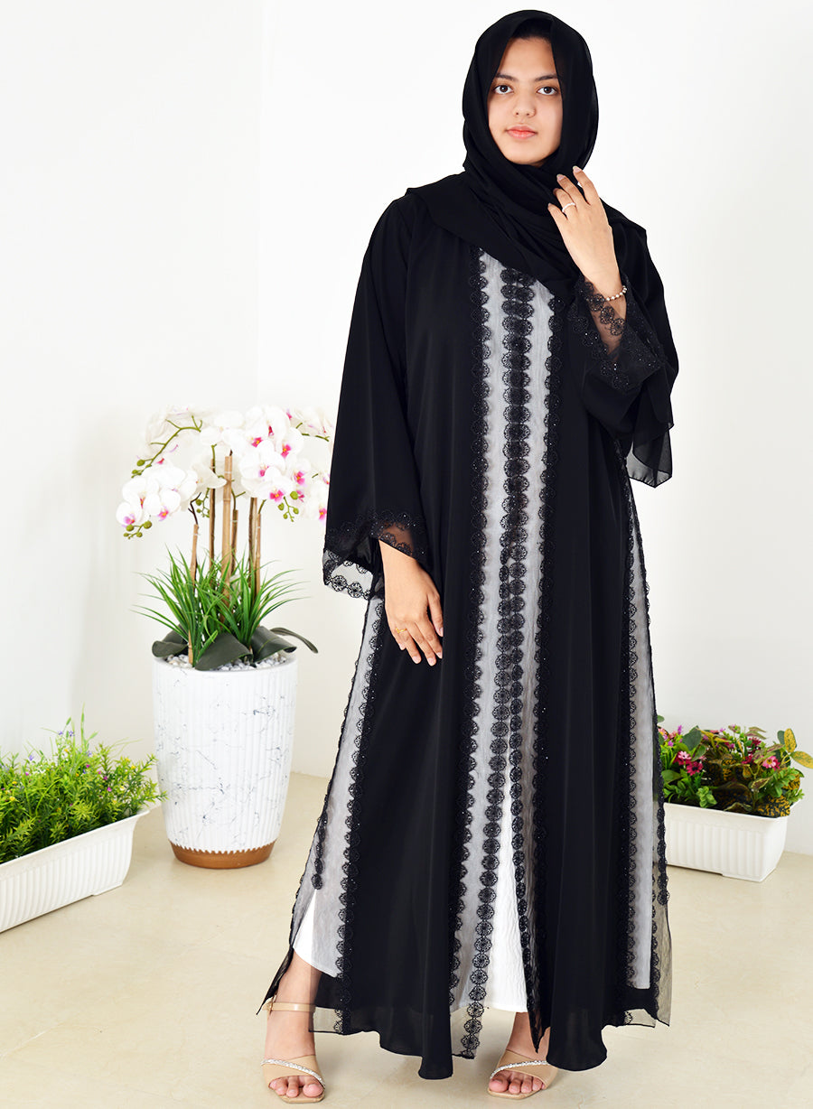 Stunning Abaya adorned with Lace, Mesh, and Intricate Stone Embellishments | Bsi4016