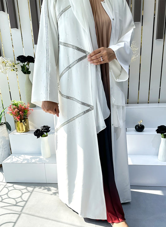 Chic White Abaya With Lace And Bead Embellishments For Timeless Elegance | Bsi4023