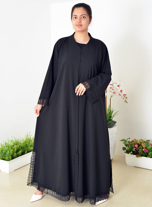 Elegance With Our Round Neck Abaya, Featuring Intricate Lace And Bead Embellishments | Bsi4036