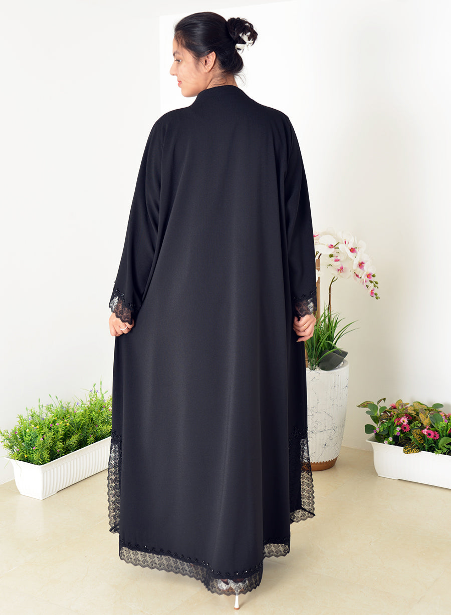 Elegance With Our Round Neck Abaya, Featuring Intricate Lace And Bead Embellishments | Bsi4036