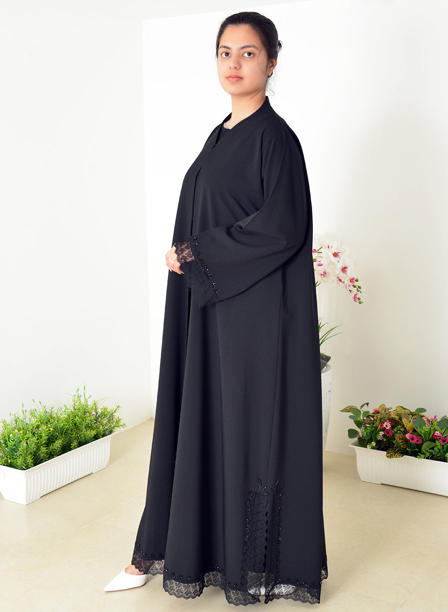 Elegance With Our Round Neck Abaya, Featuring Intricate Lace And Bead Embellishments | Bsi4036