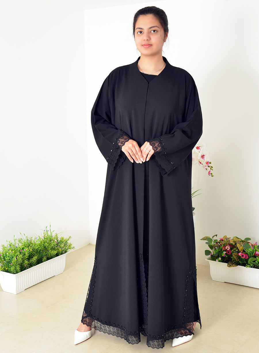 Elegance With Our Round Neck Abaya, Featuring Intricate Lace And Bead Embellishments | Bsi4036