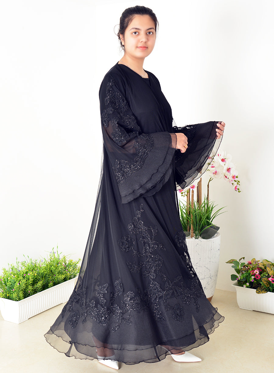 Umbrella-Style Abaya, Adorned With Mesh And Bead Embellishments And Stylish Bell Sleeves | Bsi4042