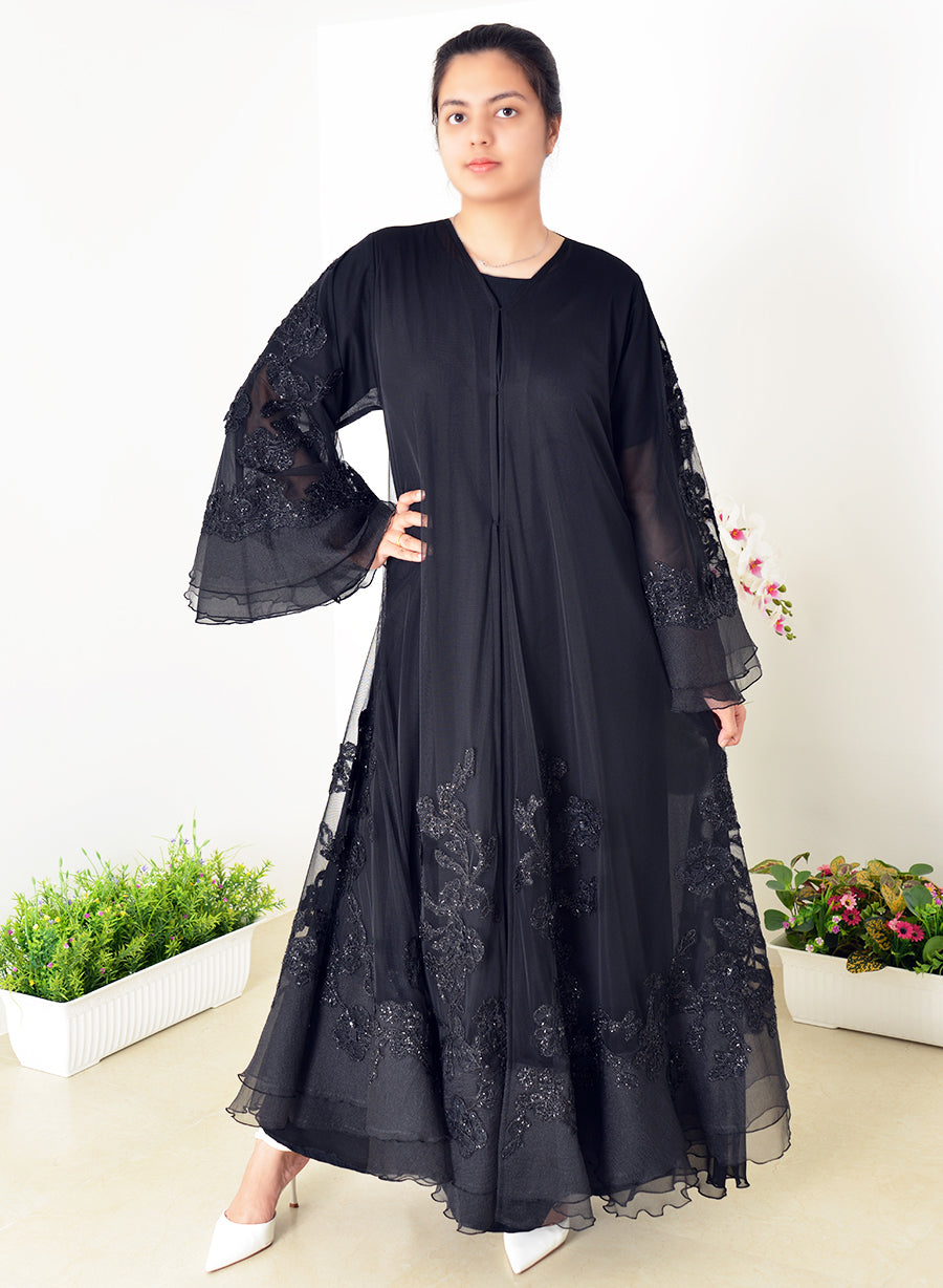 Umbrella-Style Abaya, Adorned With Mesh And Bead Embellishments And Stylish Bell Sleeves | Bsi4042