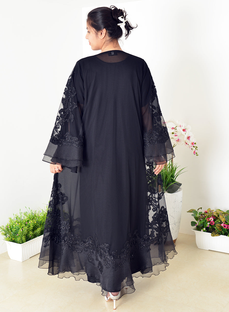 Umbrella-Style Abaya, Adorned With Mesh And Bead Embellishments And Stylish Bell Sleeves | Bsi4042