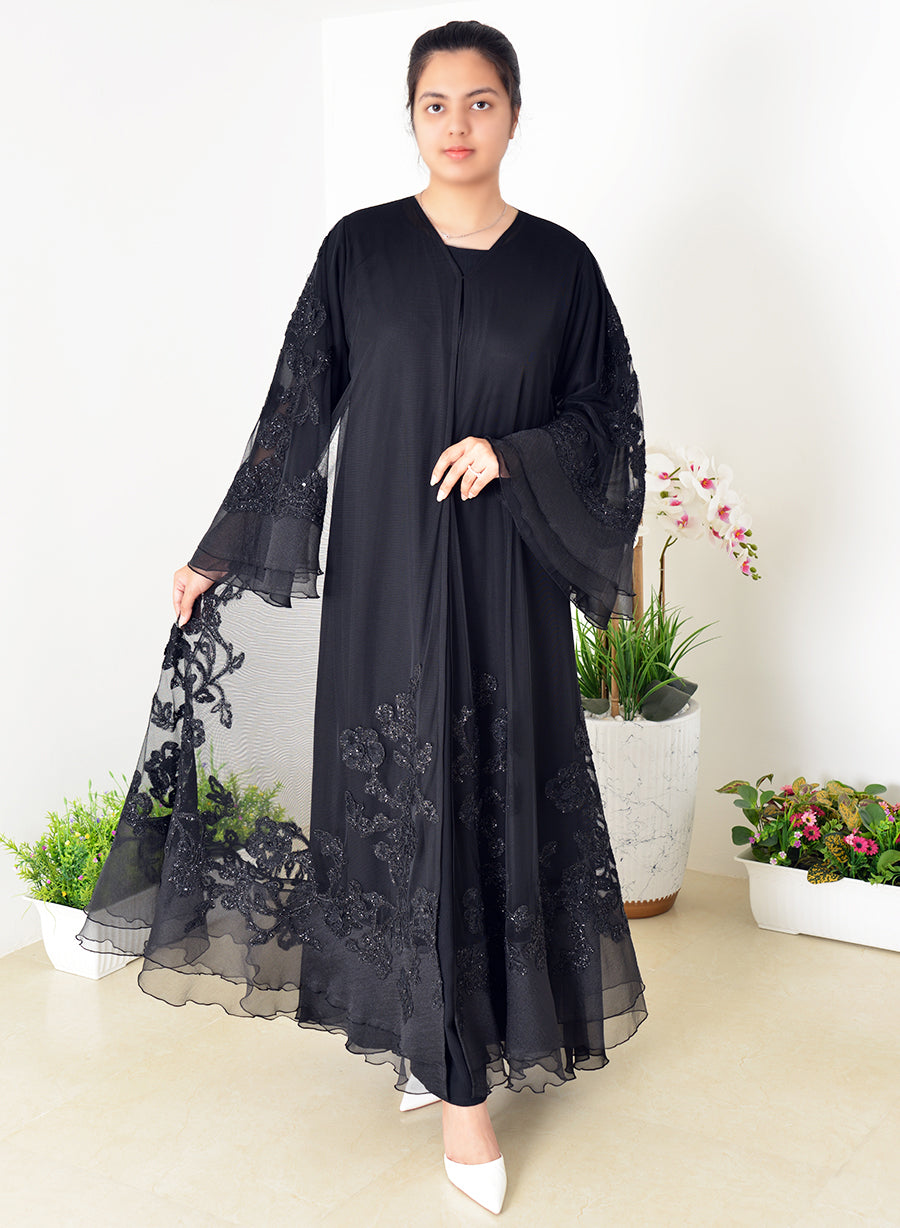 Umbrella-Style Abaya, Adorned With Mesh And Bead Embellishments And Stylish Bell Sleeves | Bsi4042