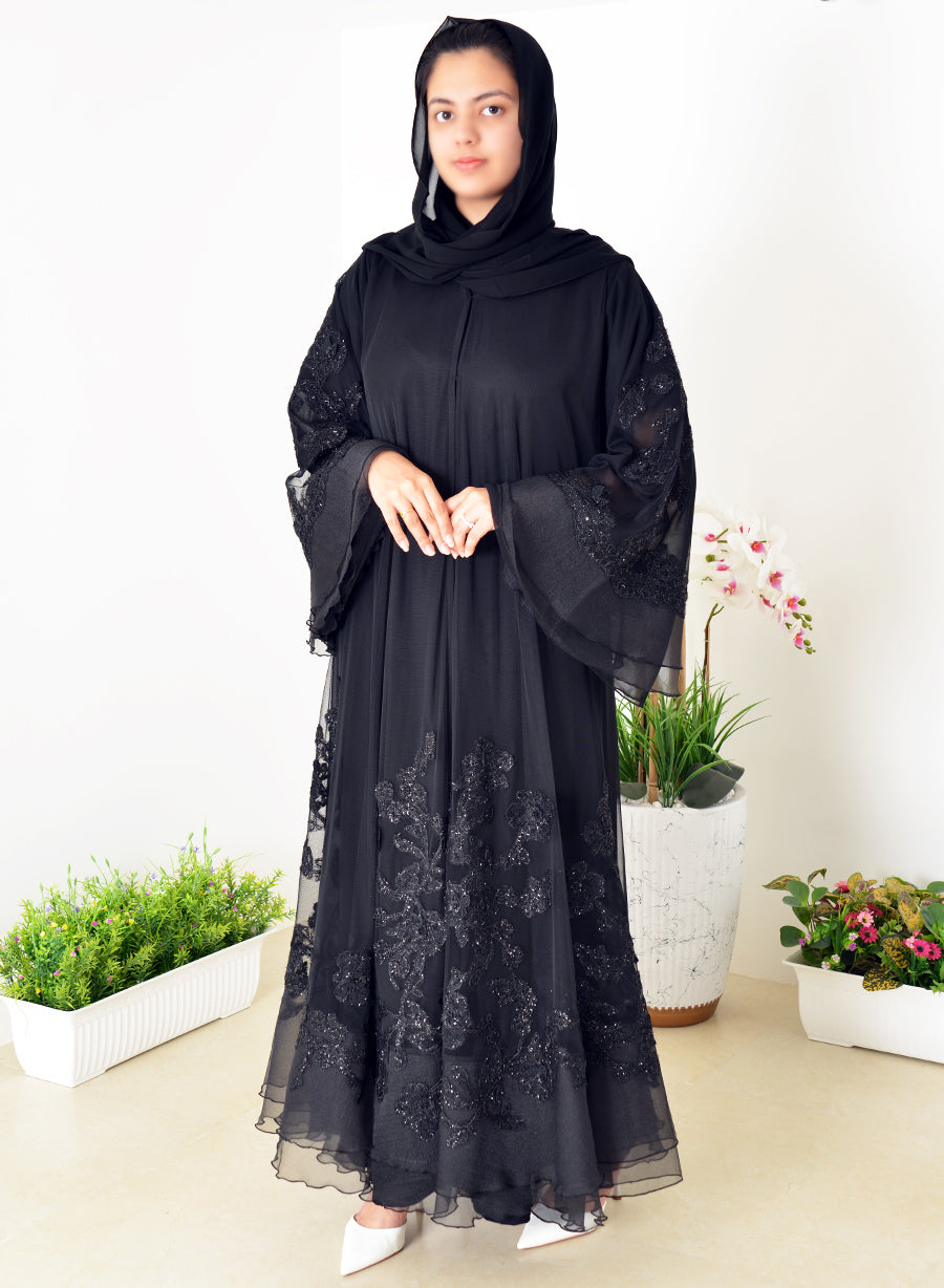 Umbrella-Style Abaya, Adorned With Mesh And Bead Embellishments And Stylish Bell Sleeves | Bsi4042