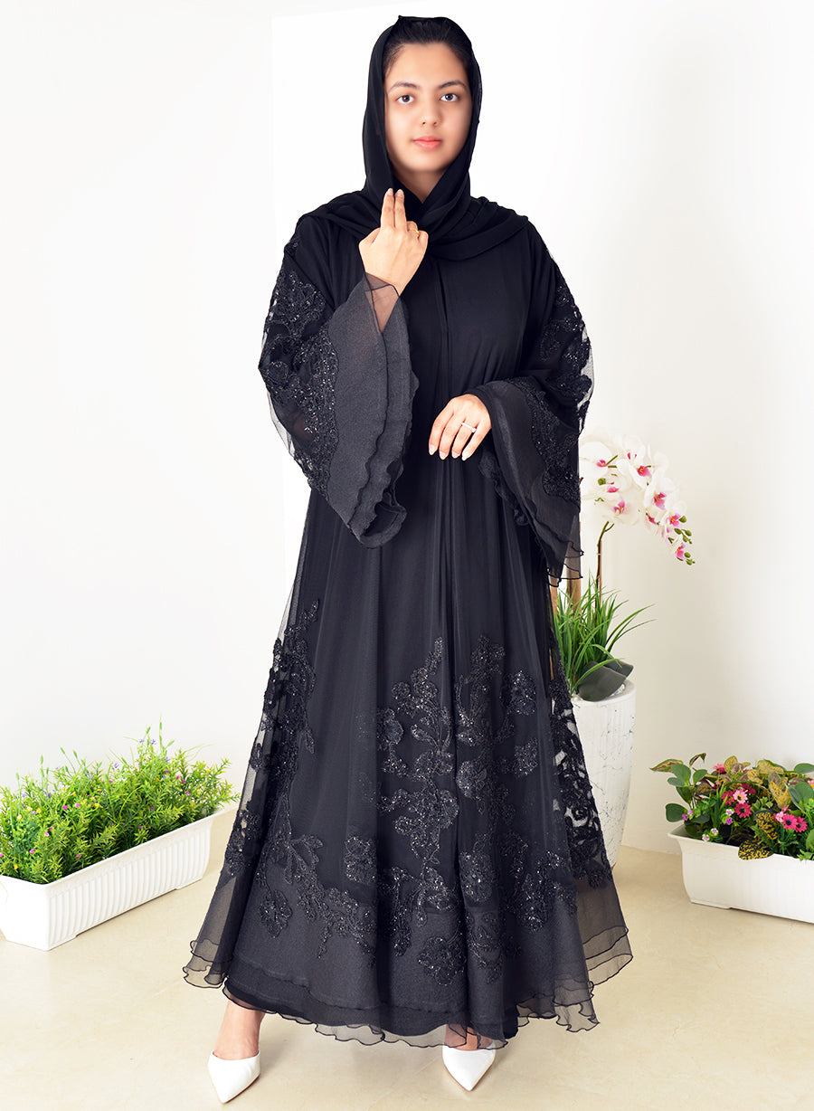 Umbrella-Style Abaya, Adorned With Mesh And Bead Embellishments And Stylish Bell Sleeves | Bsi4042