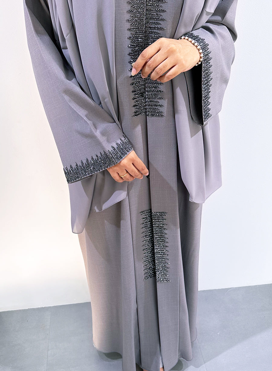 Exquisite Bead-Embellished Collar Style Grey Abaya | Bsi4045