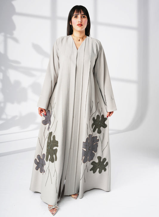 Stunning A-Line Grey Abaya with Applique Work and Bead Embellishments | Bsi4063