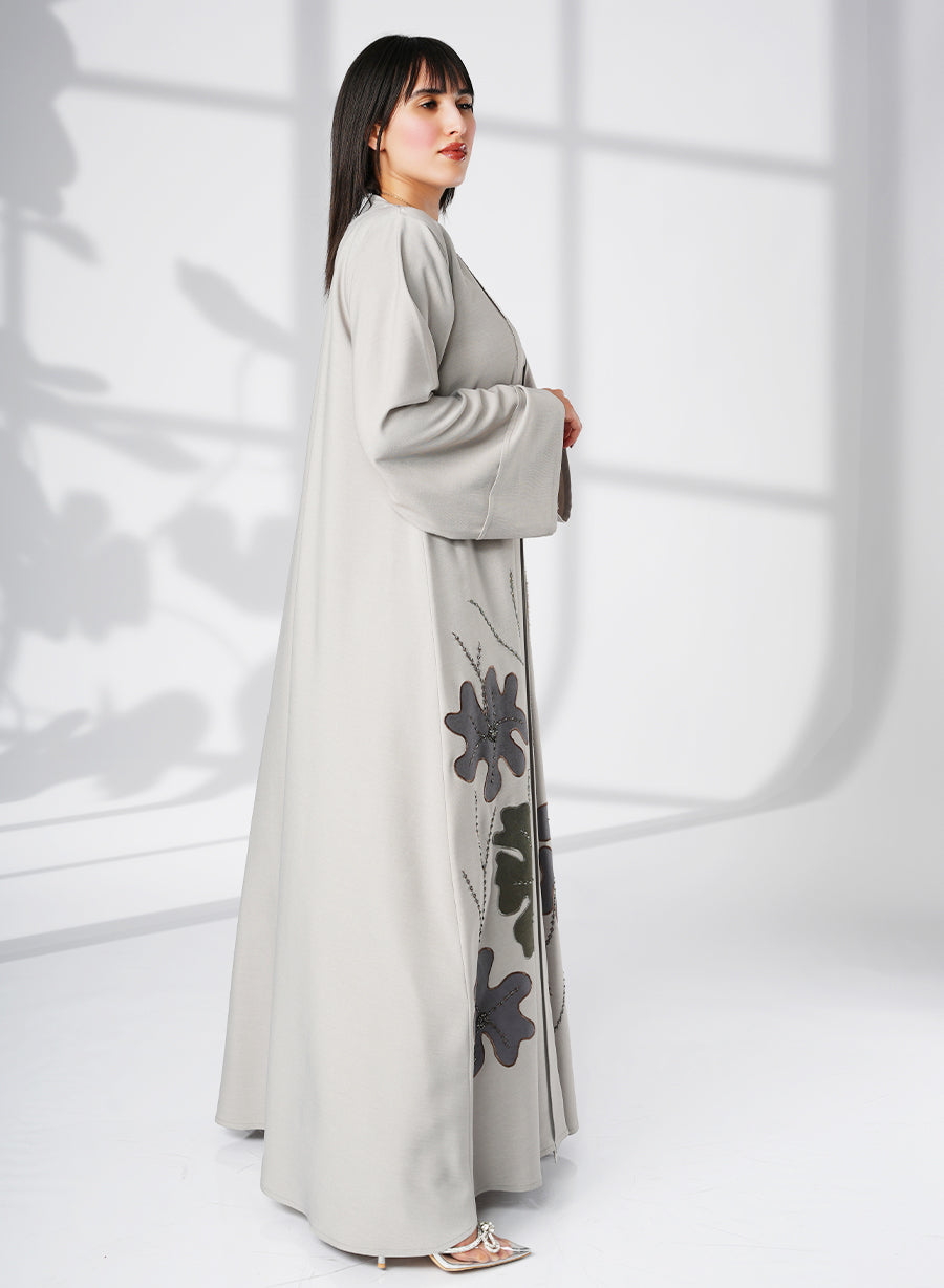 Stunning A-Line Grey Abaya with Applique Work and Bead Embellishments | Bsi4063